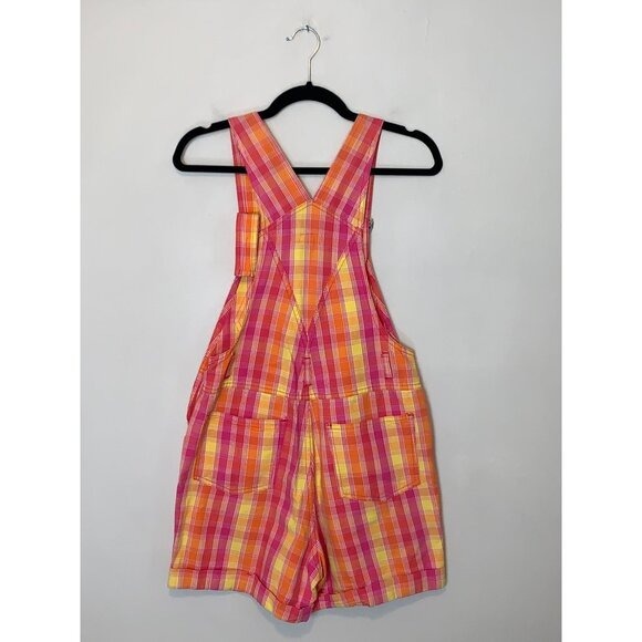 Vintage 90s Xhilaration Pink & Yellow Plaid Cotton Overalls Juniors Size 3 - Picture 3 of 5